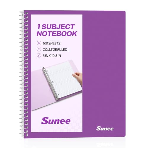 SUNEE Spiral Notebook, 1-Subject, College Ruled Paper, 8" x 10-1/2", 100 Sheets per Notebook, 3-Hole Punched Paper, Water Resistant Cover, Double-sided Pockets, Dark Purple - color: Dark Purple