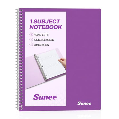 SUNEE Spiral Notebook, 1-Subject, College Ruled Paper, 8" x 10-1/2", 100 Sheets per Notebook, 3-Hole Punched Paper, Water Resistant Cover, Double-sided Pockets, Dark Purple - color: Dark Purple