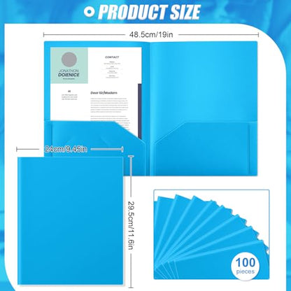 Gueevin 100 Pack Plastic Folder with Pockets, 2 Pocket Folders, Plastic Glossy Folders Fit Letter Size Paper, Heavy Duty Durable File Folder with Business Card for Home Office School (Lake Blue) - color: Lake Blue