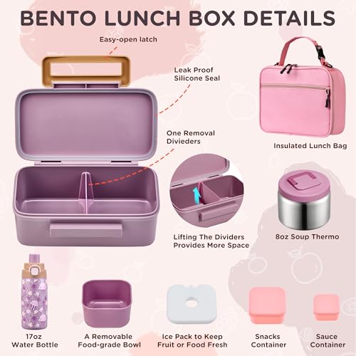 MAISON HUIS Bento Box for Kids with 8oz Soup Thermo, Insulated Lunch Bag & 17oz Water Bottle, 2-Compartment Bento Box with Built-In Ice Pack, Leak-Proof & BPA-Free - color: Pink2