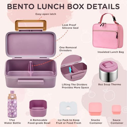 MAISON HUIS Bento Box for Kids with 8oz Soup Thermo, Insulated Lunch Bag & 17oz Water Bottle, 2-Compartment Bento Box with Built-In Ice Pack, Leak-Proof & BPA-Free - color: Pink2