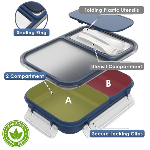 WHALEHOUSE Bento Lunch Box, 1100ML 2 Compartments Meal Prep Container with Utensil, Airtight Food Storage Container with Snap Locking Lids, Microwave/Dishwasher/Freezer Safe, On the Go - color: 1100mL-Dark Blue