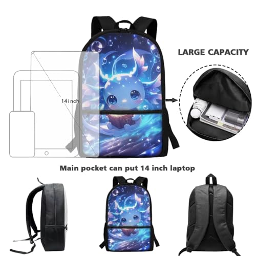 CLOHOMIN Cute Study Axolotl Backpack for School Girls with Lunch Bag Kids 10-12 Elementary/Middle School Bag Set of 3 Lunch Tote Water Bottle Bag Student School Bookbag 17 Inch for 3rd Grade - color: Cute Study Axolotl