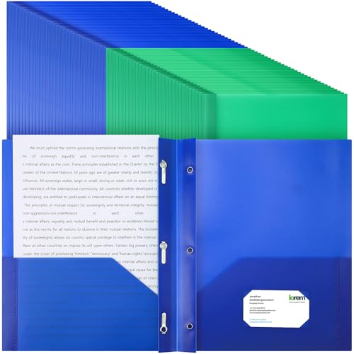Cholemy 72 Packs Pocket Folders with Prongs Heavy Duty Plastic Folder with Business Card Slot 3 Prong Fasteners for School Office (Blue,Green) - color: Blue, Green