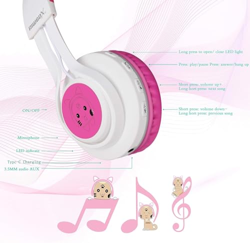Riwbox CT-7 Cat Ear Bluetooth Headphones, LED Light Up Bluetooth Wireless Over Ear Headphones with Microphone and Volume Control for Travel/School/Smartphones/Laptop/PC/TV (White&Pink) - color: White&Pink