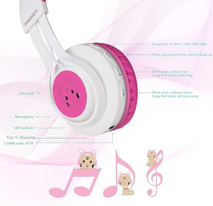 Riwbox CT-7 Cat Ear Bluetooth Headphones, LED Light Up Bluetooth Wireless Over Ear Headphones with Microphone and Volume Control for Travel/School/Smartphones/Laptop/PC/TV (White&Pink) - color: White&Pink