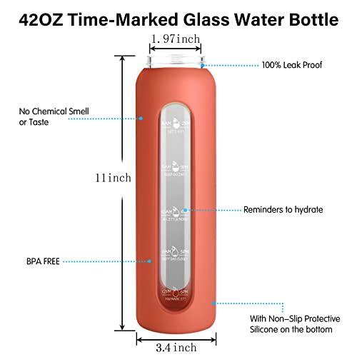 Sursip 32 oz Glass Water Bottle, Time Marker with Silicone Sleeve & Lid | 1 Liter BPA-Free Motivational Bottle, Leak-Proof Dishwasher Safe - color: Brown