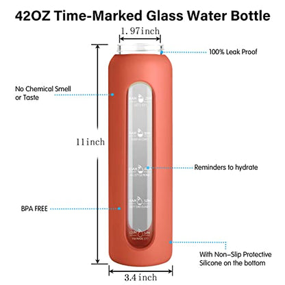 Sursip 32 oz Glass Water Bottle, Time Marker with Silicone Sleeve & Lid | 1 Liter BPA-Free Motivational Bottle, Leak-Proof Dishwasher Safe - color: Brown