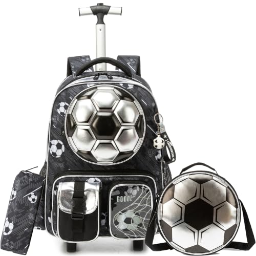 Kids Rolling Backpack for Boys Backpack with Wheels for Girls with Lunch Bag & Pencil Case Rolling Backpacks for Elementary Middle School or Travel Roller Backpacks (Silver Football) - color: F Football