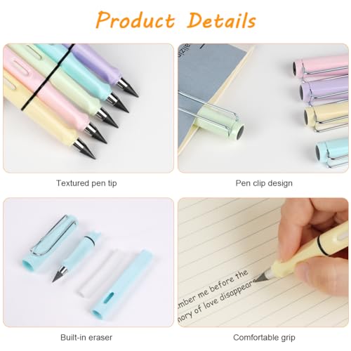Ainiv Inkless Pencil with Eraser, 5 Sets Infinity Pencil Everlasting Pencil, Reusable Infinite Pencil with Extra 5 Eraser & 5 Replaceable Nibs, Endless Pencil for Home Office School Writing Drawing - color: 5PCS-Macaron color