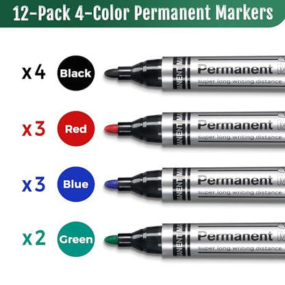 SELEAD Large Permanent Markers Black Red Blue Green - 12 Pack Fine Tip Waterproof Quick Drying Pens Set for Home Office Industrial Warehouse School Supplies
