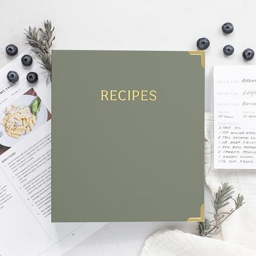 Aesthetic Recipe Binder with Polyester Waterproof Cloth Cover - The Perfect Recipe Book with Plastic Sleeves to Write in Your Own Recipes - Quality Blank Cookbook Binder, Cards incl. - color: Sage Green, size: Medium - 9.5x8.5"