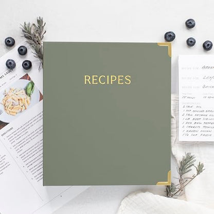 Aesthetic Recipe Binder with Polyester Waterproof Cloth Cover - The Perfect Recipe Book with Plastic Sleeves to Write in Your Own Recipes - Quality Blank Cookbook Binder, Cards incl. - color: Sage Green, size: Medium - 9.5x8.5"