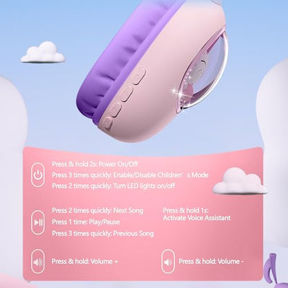 Kids Headphones Bluetooth 5.4 - Cat Ear LED Light Up Noise Cancelling Wireless Headphones with Mic, 85dB Volume Limited, Wired & Wireless Mode for Travel/School/iPad - color: Pink Purple