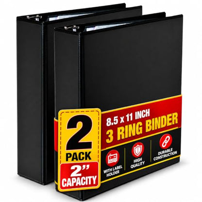 1InTheOffice 2 Inch 3 Ring Binder, D Ring Binder, View Binder with Label Holder, 8.5" x 11", 2" Capacity, Black, 2 Pack