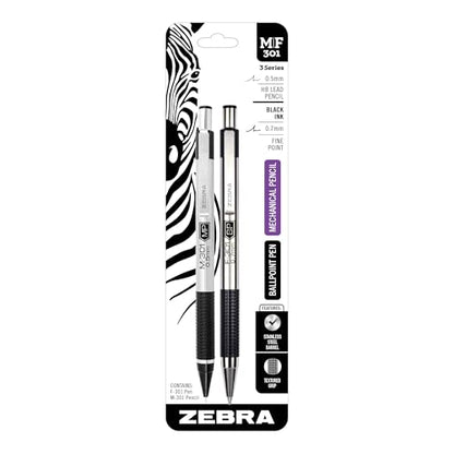 Zebra Pen Stainless Steel Writing Set, M-301 Mechanical Pencil and F-301 0.7mm Ballpoint Black Ink Pen, Ideal for Note-Taking, Sketching and Journaling, 2-Pack (57011) - color: Black Set E