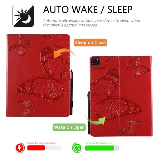 Dteck Wallet Case for iPad Air 13 Inch M2 2024 & iPad Pro 12.9 2022/2021/2020/2018 with Pencil Holder,Embossed Butterfly Auto Sleep/Wake PU Leather Smart Stand Girls Cute Folio Pocket Cover,Red - color: 10 Red