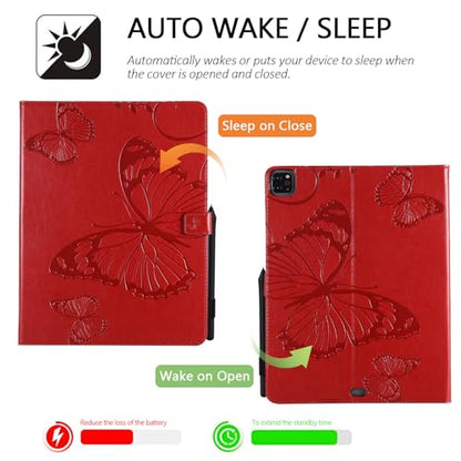Dteck Wallet Case for iPad Air 13 Inch M2 2024 & iPad Pro 12.9 2022/2021/2020/2018 with Pencil Holder,Embossed Butterfly Auto Sleep/Wake PU Leather Smart Stand Girls Cute Folio Pocket Cover,Red - color: 10 Red