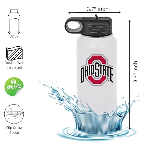 Ohio State University 32oz Stainless Steel Double Walled Black Beverage Bottle with Flip Straw Spout - College Gear for Playoff Season – For Office, Home or Auto – Show your Buckeye Pride - style: Ohio State / Black