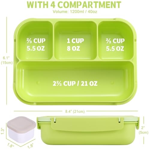 shell and turtle Bento Box Adult Lunch Box, Lunch Containers for Kids Girls Boys with 4 Compartments, Lunchable Food Container with Utensils, Sauce Jar, Muffin Liners, 40 Oz/5 Cup, Bright Green - color: Bright Bright Green