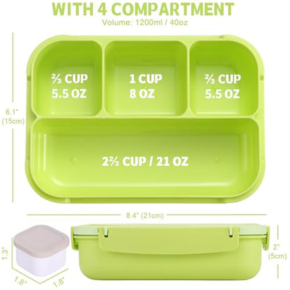 shell and turtle Bento Box Adult Lunch Box, Lunch Containers for Kids Girls Boys with 4 Compartments, Lunchable Food Container with Utensils, Sauce Jar, Muffin Liners, 40 Oz/5 Cup, Bright Green - color: Bright Bright Green