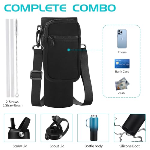 32 40 OZ Insulated Water-Bottle with Handle - Straw & Chug Lid, Strap Carrier Bag & Protective Boot, Stainless Steel Coffee Travel Tumblers, Leak-Proof, Skinny Flask Fit in Car Cup Holder - color: Blue&Black, size: 32 ounces with handle