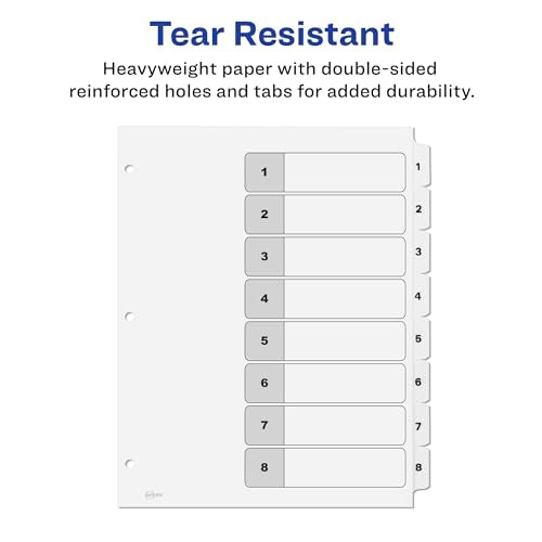 Avery 8 Tab Dividers for 3 Ring Binders, Customizable Table of Contents, Classic White Tabs, 6 Sets (11822) - size: 8 Tab