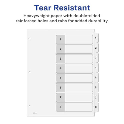 Avery 8 Tab Dividers for 3 Ring Binders, Customizable Table of Contents, Classic White Tabs, 6 Sets (11822) - size: 8 Tab