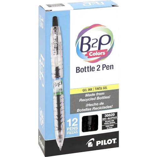 Pilot B2P Colors - Bottle to Pen Refillable & Retractable Rolling Ball Gel Pens Made From Recycled Bottles, Fine Point, Black G2 Inks, 0.7mm, 12-Pack - color: Black, size: 12 Count (Pack of 1)