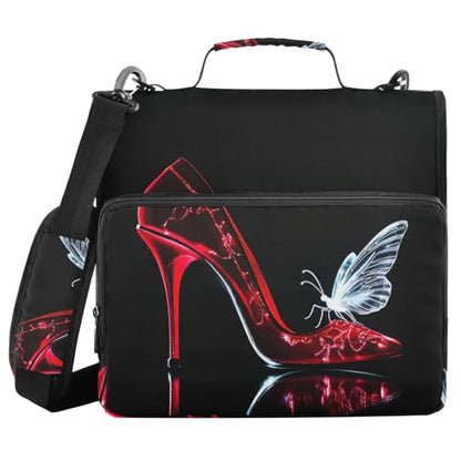 Red High Heel Shoe and White Butterfly Silhouette 3 D-Ring 2 inch Zipper Binder Bag with Shoulder Strap, Multi-Pocket Portfolio Organizer Case for 13 Inch Laptop Middle School - color: Red High Heel Shoe and White Butterfly Silhouette