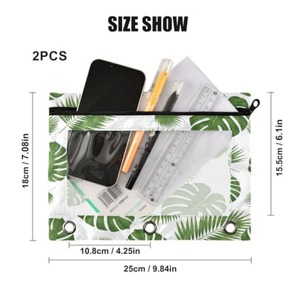 Blueangle Tropical Leaf Pencil Pouch for 3 Ring Binder, 2 Pack Clear Window Zipper Pencil Bags for Office