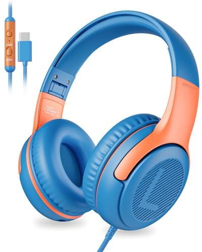 awatrue USB-C Kids Headphones with Mic - 85/94dB Volume Limiter, Foldable Wired Toddler Headphones for Boys & Girls, Over-Ear Type-C Kid Headphones for School, Travel, lPad, Tablet & Smartphones - color: USBC Blue Orange