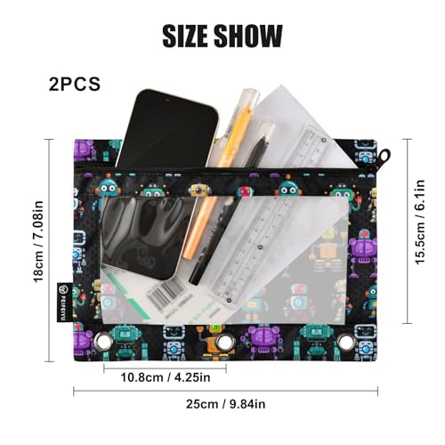 Robots Pencil Pouch for 3 Ring Binder, Binder Pencil Pouches with Clear Window Zipper Pencil Case for Office College Supplies, 2PCS (B0315) - color: B0315