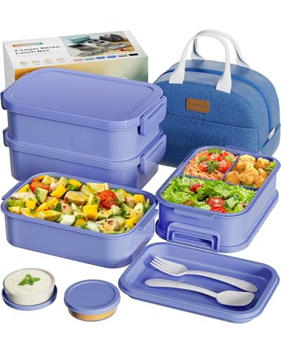 Adults Bento Box with Insulated Lunch Bag, 74oz Capacity 3 Stackable Leak-Proof Bento Box Built-In Utensil and Sauce, PFAS & BPA-Free, Microwave & Dishwasher Safe (Mist Purple) - color: Mist Purple
