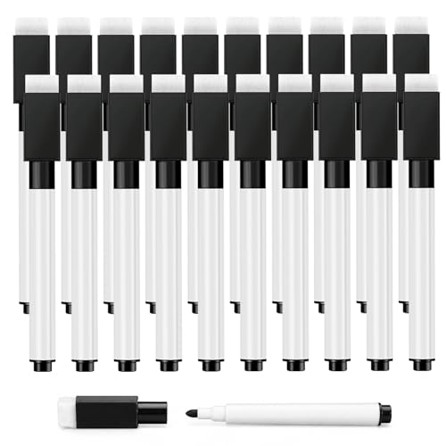 OWLKELA 20 Pcs Magnetic Dry Erase Markers with Eraser Cap, Fine Tip Whiteboard Markers with Eraser, Low Odor Dry Erase Marker Set for School Office Home, Black - size: 20 Pcs
