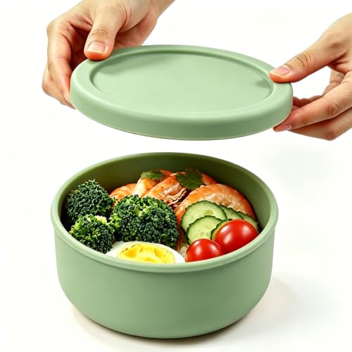 24 fl oz Adult Silicone Reusable Lunch Bento Bowl with Lid, Medium Airtight Food Storage Container for Cereal, Meal Prep & Leftovers, BPA Free, Microwave Fridge Dishwasher Safe (Grass green 1 Pack） - color: Grass green
