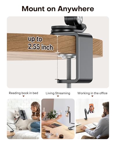 OMOTON GH03 Tablet Holder with 2 ABS Clamps, Aluminum Long Arm Mount, Black | C-Clamp Base with 360°Rotation Fits Desk, Bed, Side Cabinet, Kitchen, Adjustable Tablet Stand for 4-13" iPad Pro/iPhone - color: Black