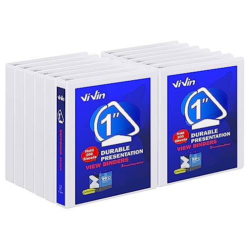 3 Ring Binder 1 Inch, ViVin Sturdy 1"-Slant D Ring Binder with 2 Interior Pockets, Clear View Cover, PVC-Free, Fits 225 Sheets of US Letter Size Paper (12 Pack, White) - color: White, size: 1 Inch, style: 12 Pack