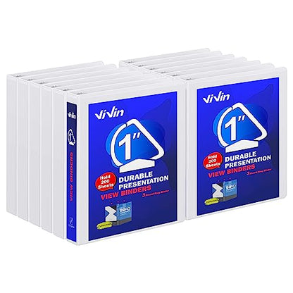 3 Ring Binder 1 Inch, ViVin Sturdy 1"-Slant D Ring Binder with 2 Interior Pockets, Clear View Cover, PVC-Free, Fits 225 Sheets of US Letter Size Paper (12 Pack, White) - color: White, size: 1 Inch, style: 12 Pack