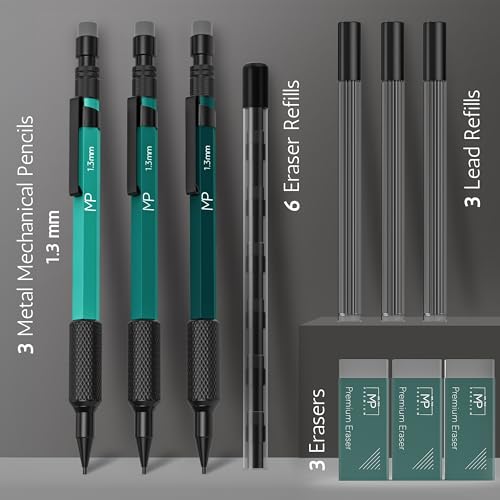 Mr. Pen - 심 리필 및 지우개가 있는 금속 샤프 세트, 3팩 | 1.3mm, 심 3개 및 지우개 리필 6개, 프리미엄 지우개 3개, 스케치를 위한 정밀 드로잉 연필, 아버지의 날 선물로 이상적