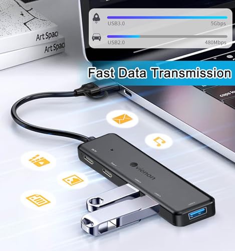 VIENON USB 3.0 Hub (5 in 1), USB C Hub, USB C to USB 3.0 Hub Adapter with USB C Power/Data Ports, USB Extender USB A&C Docking Station for Laptop PC MacBook Dell, HP, PS4/5, SSD and More