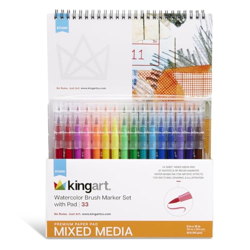 KINGART 33-Piece Watercolor Brush Marker Set with 9x12 Mixed Media Pad – 32 Vibrant Flexible Nylon Tip Pens and 24-Sheet Premium 90 lb Paper Pad – Professional Drawing Kit for Painting and Blending - color: Watercolor