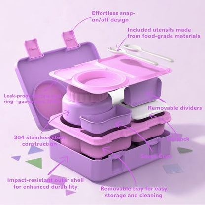 Bento Box for Kids, Leakproof Kids Bento Lunch Box Container with 8oz Insulated Thermo Food Jar, Sauce Jar, Utensil, DIY Stickers for School Boys Girls, 3-4 Compartments, BPA-Free - color: Purple