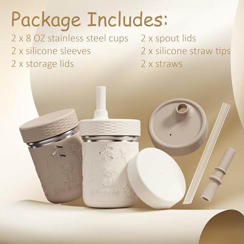 Fimibuke Toddler Cups Spill Proof, 8 OZ Sippy Cups for Kids Girl Boy, Stainless Steel Tumbler with Lid, Removable Silicone Straw & Sleeve, BPA Free Dishwasher Safe Water Bottle Snack Container 2 Pack - color: Khaki/Beige, size: 8 Ounces