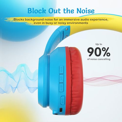 TONOSHARK Kids Bluetooth Headphones with Active Noise Cancelling, Wireless Over-Ear Headphones for Boys Girls, Foldable, Adjustable,for School Trave (Blue red) - color: blue red