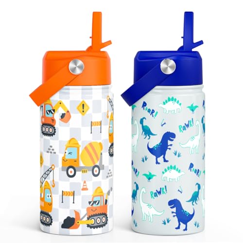 SANDJEST Kid Water Bottle 12oz with Straw Lid - 2-Pack Insulated Stainless Steel Water Bottles for Kids Girls - Travel Cup for School Sports, Construction & Dinosaur - color: Dinosaur + Construction (2 Pack)