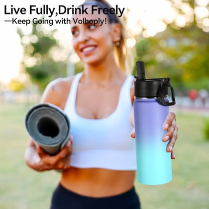 Volhoply Kids Insulated Water Bottle with Straw,16oz Stainless Steel Cold Water Bottles for School,BPA-Free Metal Wide Mouth Cups with Handle,Reusable Double Wall Vacuum Sport Flask(Purple Blue,1) - color: Purple Blue