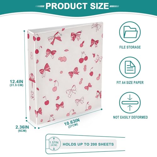 3 Ring Binder Bows and Cherries 1.5 inch Binders Three Ring Binders with Clipboard Hold 200 Sheets for Office Supplies - color: Bows and Cherries