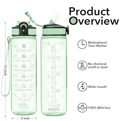 Hyeta Water Bottle with Straw & Time Marker, Plastic 32oz Leakproof | Motivational Tritan BPA Free Gym Office Outdoor Intake Tracker Hourly Reminder Straw Lid Carry Strap - color: Clear Green