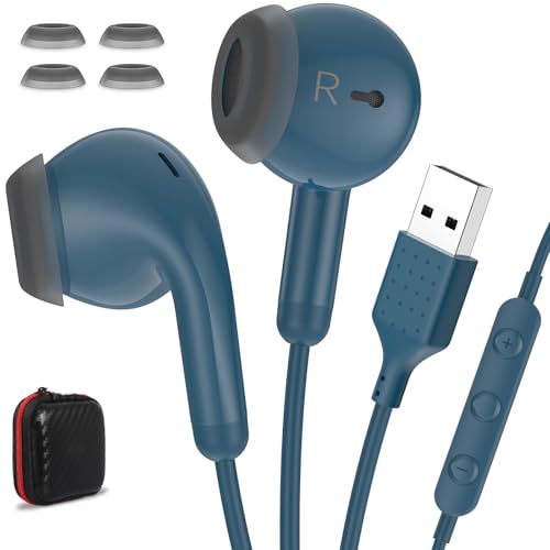 USB Earbuds for PC Laptop Computer with Microphone Wired Headphones 7.5FT USB A Headset with Mic Audio Control Noise Isolating Earphones for Dell for HP Surface Switch Office Zoom Working Lake Blue - color: Lake Blue